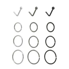 Multi-Pack Silvertone and Black L-Bend and Hoop Nose Rings 12 Pack - 20 Gauge at Spencer's