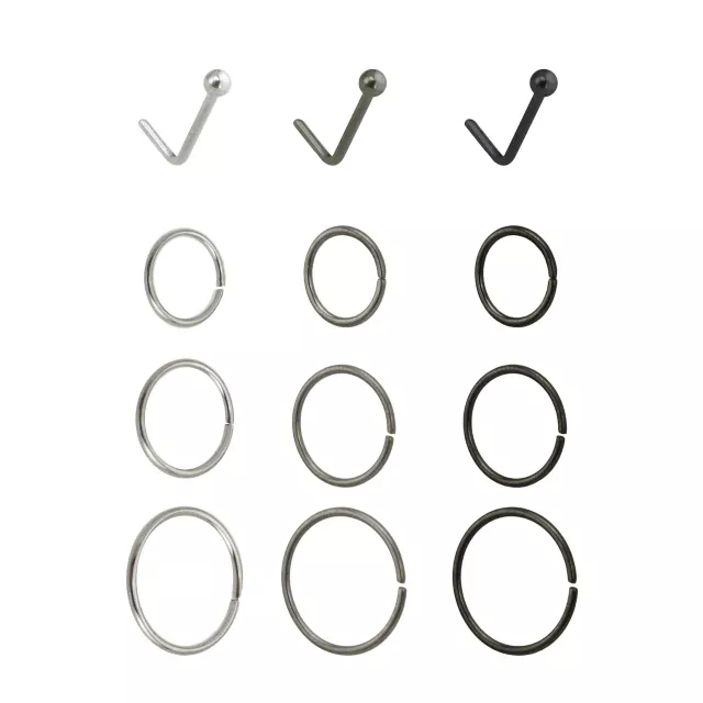 Multi-Pack Silvertone and Black L-Bend and Hoop Nose Rings 12 Pack - 20 Gauge at Spencer's