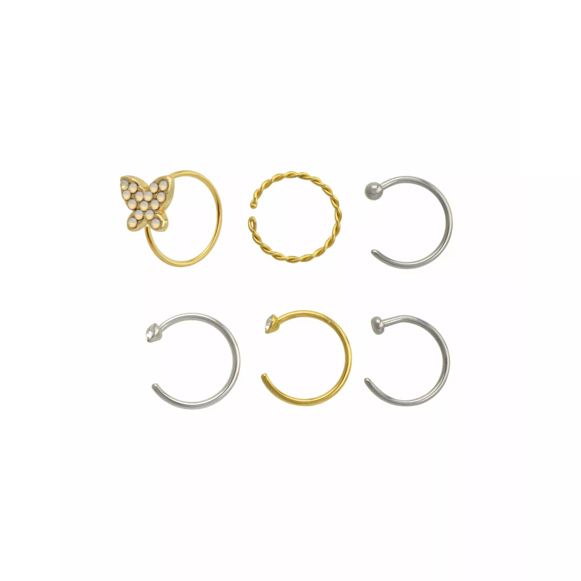 Multi-Pack CZ Butterfly Half Hoop and Hoop Nose Rings 6 Pack - 20 Gauge at Spencer's