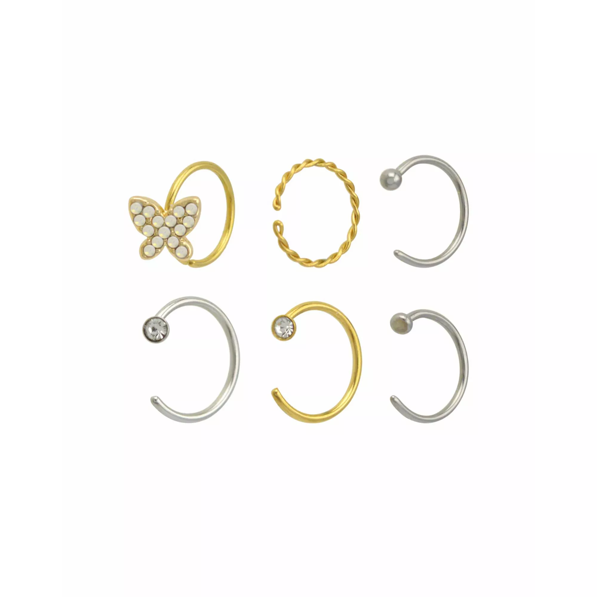 Multi-Pack CZ Butterfly Half Hoop and Hoop Nose Rings 6 Pack - 20 Gauge at Spencer's