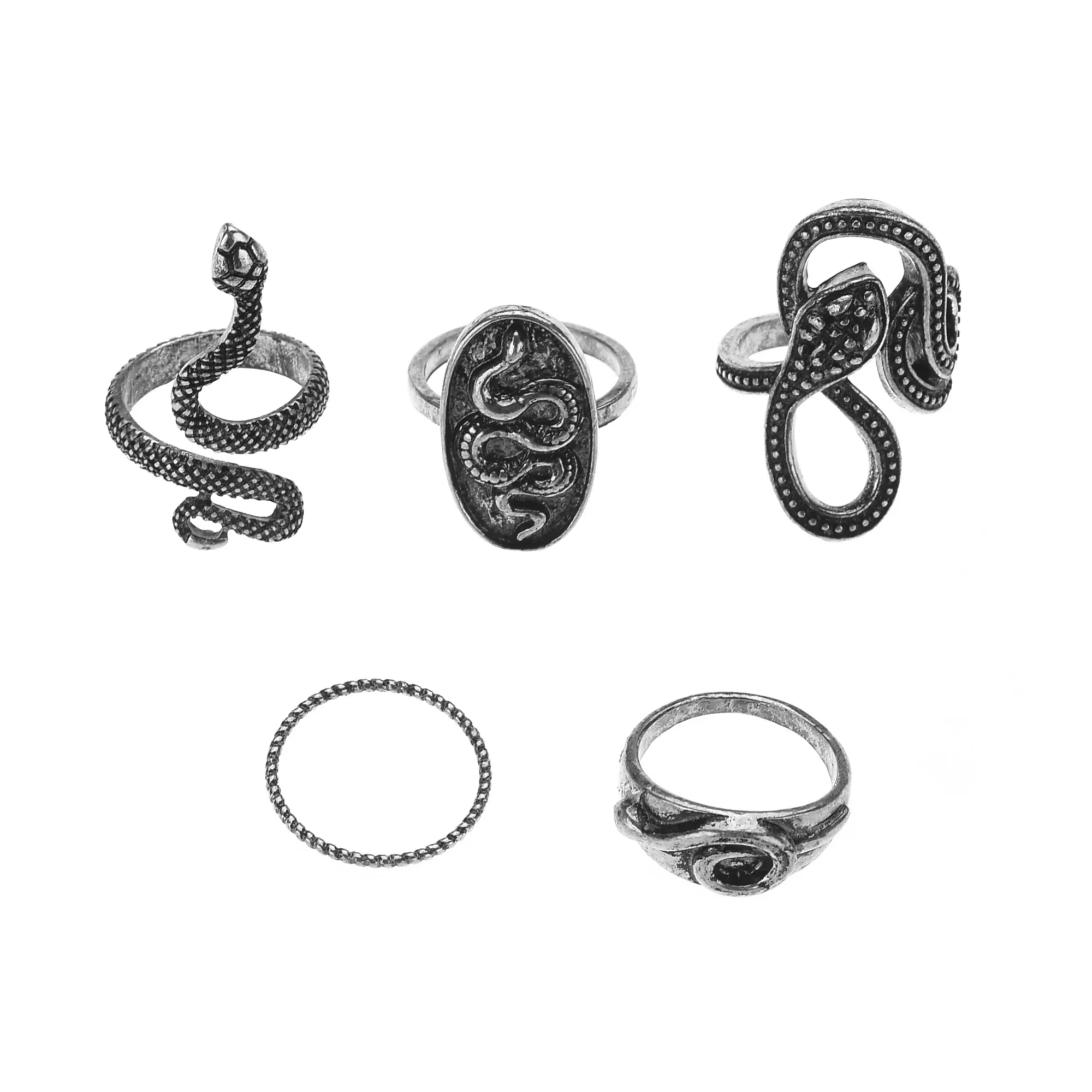 Multi-Pack Silvertone Snake Rings - 5 Pack at Spencer's