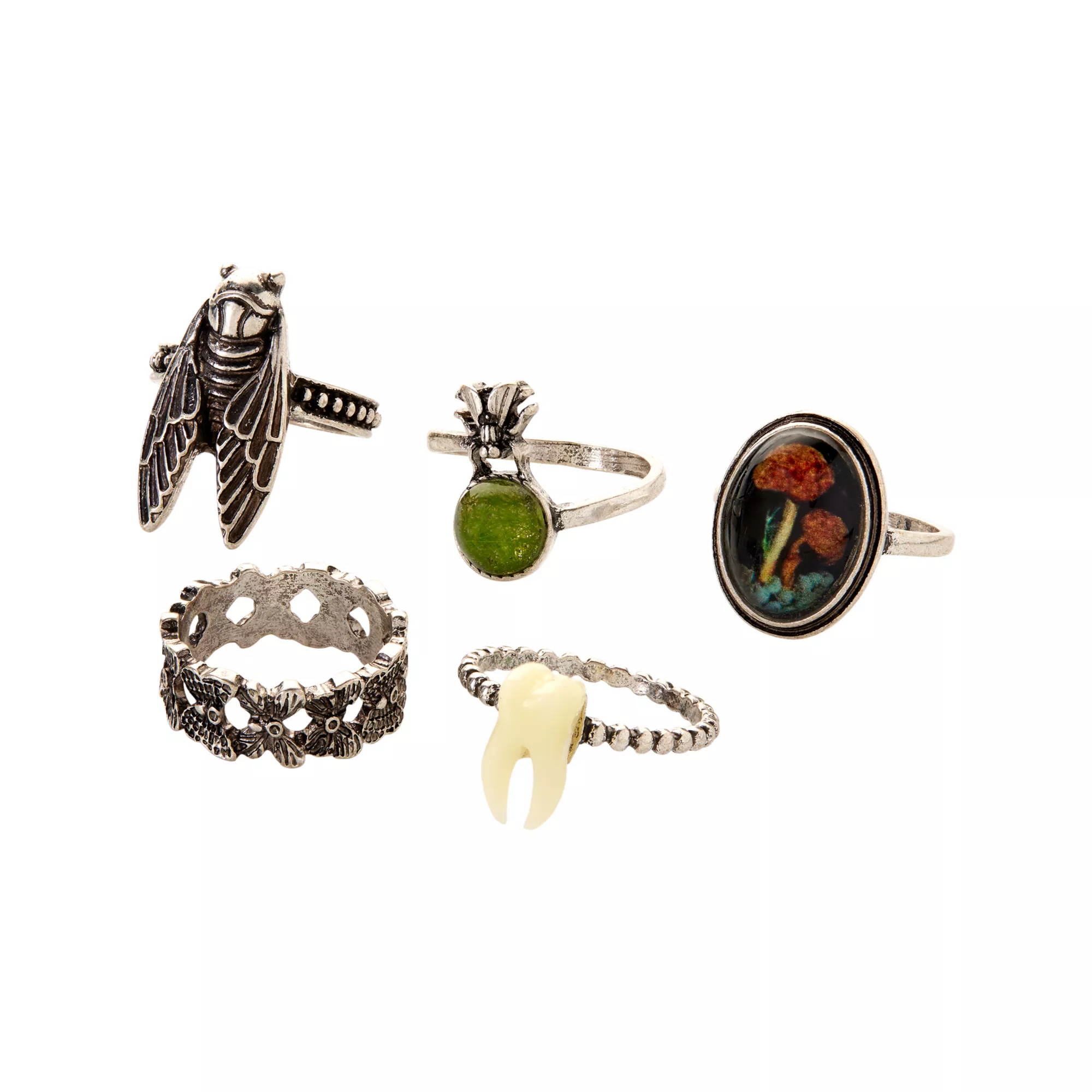 Multi-Pack Tooth Mushroom and Moth Rings - 5 Pack