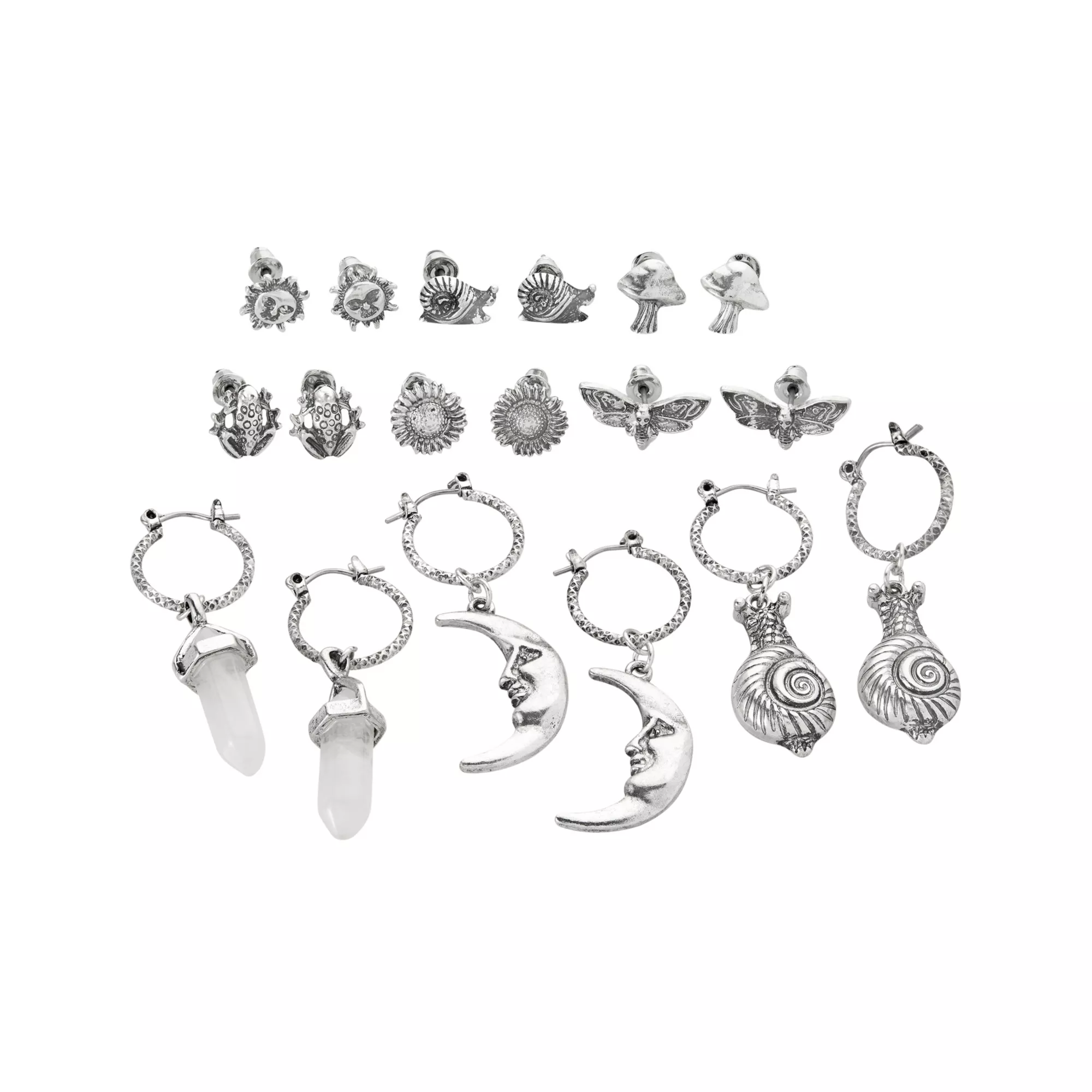 Multi-Pack Silvertone Assorted Moon Crystal Sun Earrings - 9 Pack at Spencer's