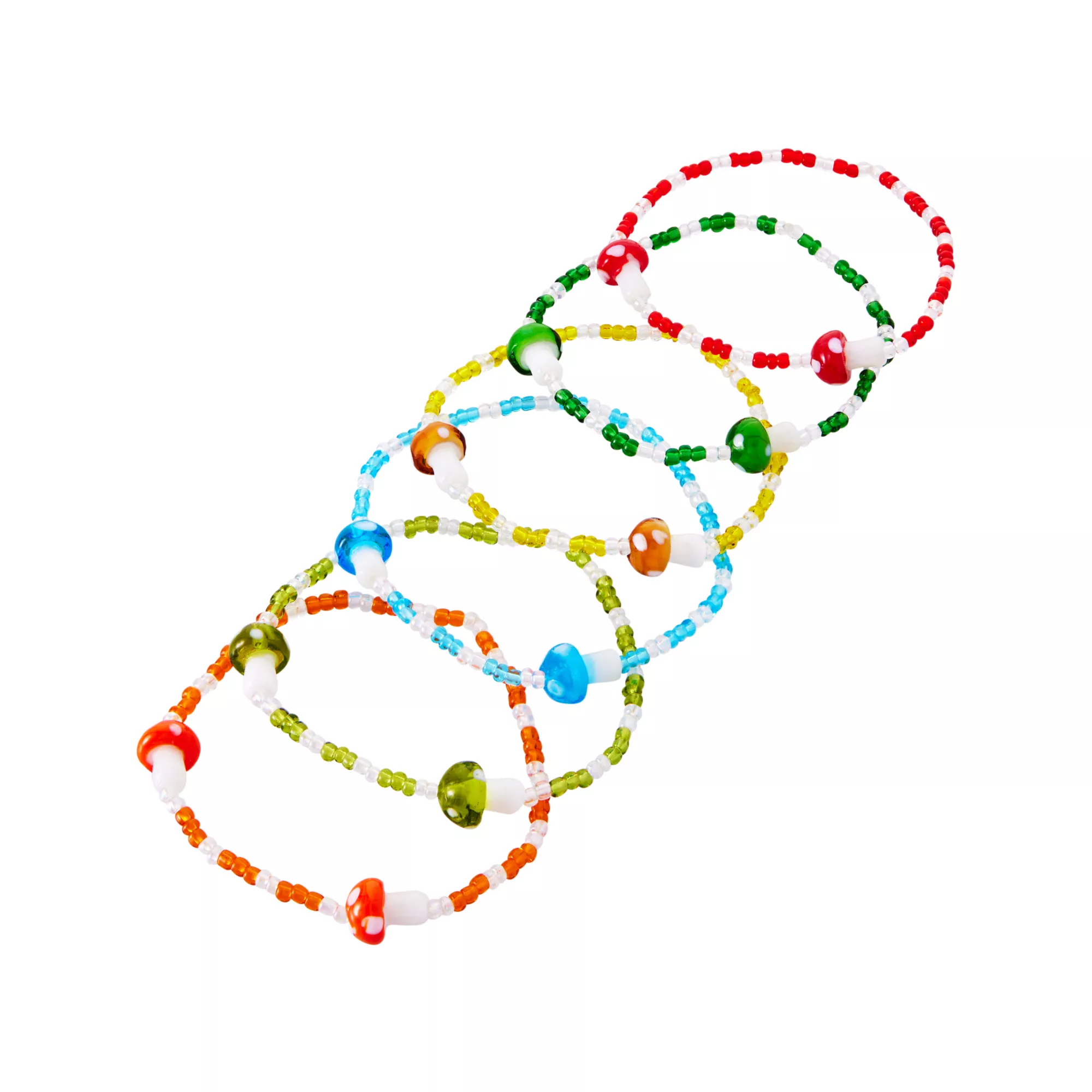 Multi-Pack Rainbow Beaded Mushroom Bracelets - 6 Pack at Spencer's