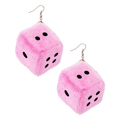 Pink Fuzzy Dice Dangle Earrings - by Spencer's