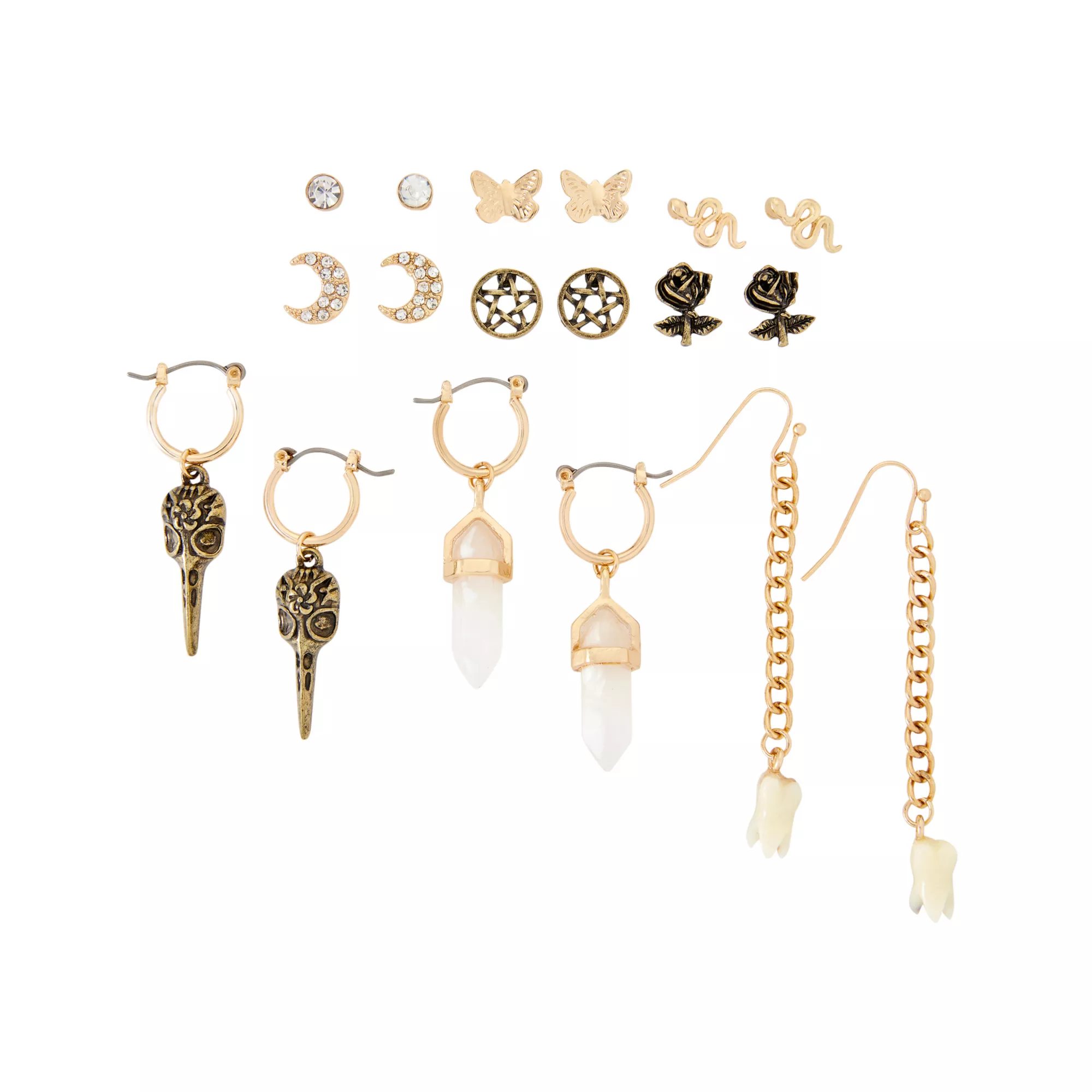 Multi-Pack Goldtone Crystal Tooth Snake Earrings - 9 Pair at Spencer's
