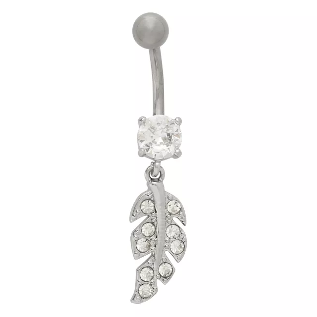 CZ Titanium Leaf Dangle Belly Ring - 14 Gauge