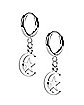 Silvertone Crescent Moon and Star Dangle Huggie Hoop Earrings - 20 Gauge