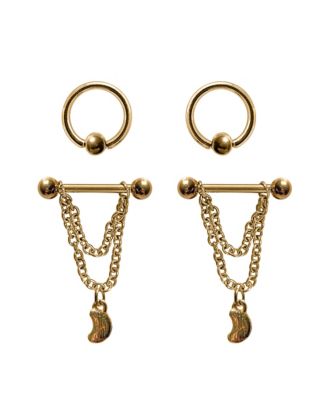 Multi-Pack CZ Black Moon Captive Bead Rings and Chain Dangle Nipple Barbells 2 Pair - 14 Gauge