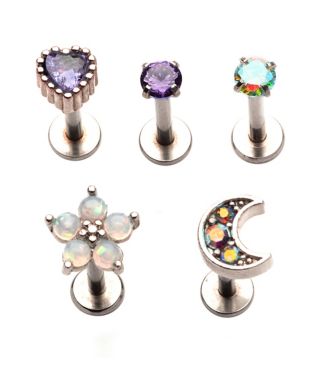 Multi-Pack CZ Flower Heart Moon Labret Lip Rings 5 Pack - 16 Gauge