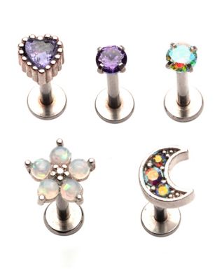 Multi-Pack CZ Flower Heart Moon Labret Lip Rings 5 Pack - 16 Gauge