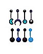 Multi-Pack CZ Black and Blue Moon Belly Rings 8 Pack - 14 Gauge