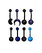 Multi-Pack CZ Black and Blue Moon Belly Rings 8 Pack - 14 Gauge