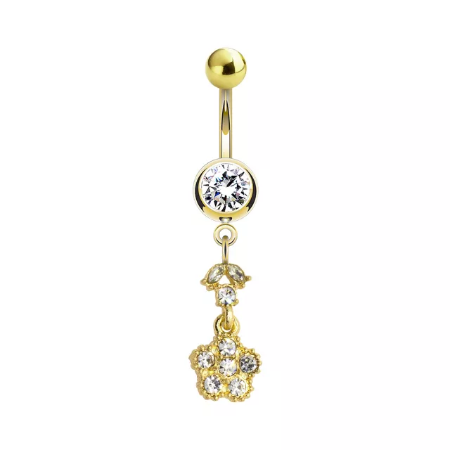 Round CZ Flower Goldtone Dangle Belly Ring - 14 Gauge at Spencer's