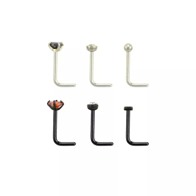 Multi-Pack CZ Silvertone and Black L-Bend Nose Rings 6 Pack - 20 Gauge at Spencer's