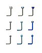 Multi-Pack CZ Blue and Teal L-Bend Nose Rings 9 Pack - 20 Gauge