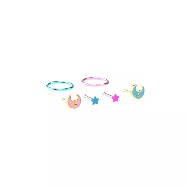 Multi-Pack Pink and Blue Celestial Hoop Nose Ring and Nose Pin 6 Pack - 20 Gauge at Spencer's