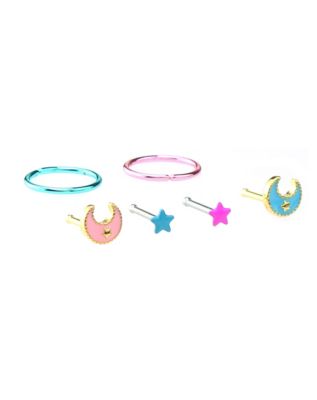 Multi-Pack Pink and Blue Celestial Hoop Nose Ring and Nose Pin 6 Pack - 20 Gauge