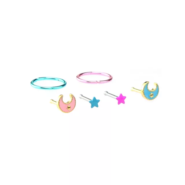 Multi-Pack Pink and Blue Celestial Hoop Nose Ring and Nose Pin 6 Pack - 20 Gauge at Spencer's