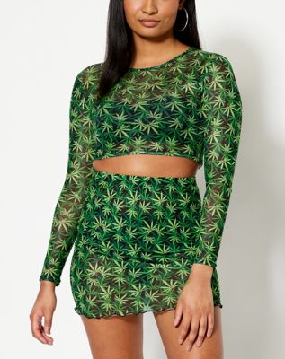 Long Sleeve Weed Leaf Mesh Crop Top