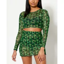 Long Sleeve Weed Leaf Mesh Crop Top at Spencer's