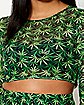 Long Sleeve Weed Leaf Mesh Crop Top