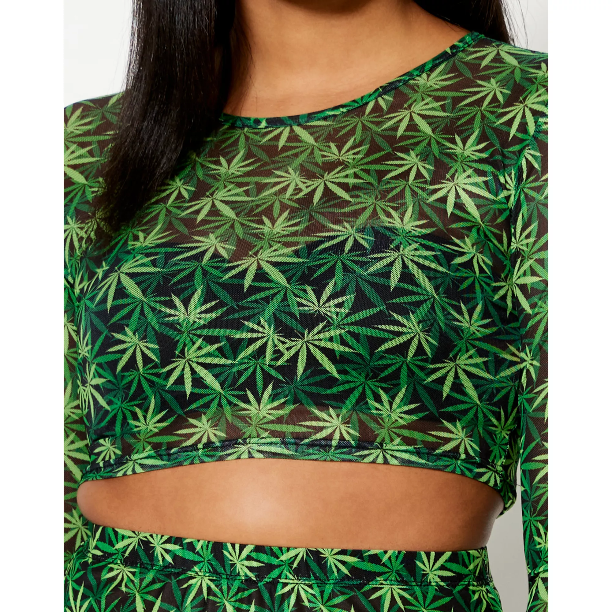 Long Sleeve Weed Leaf Mesh Crop Top at Spencer's