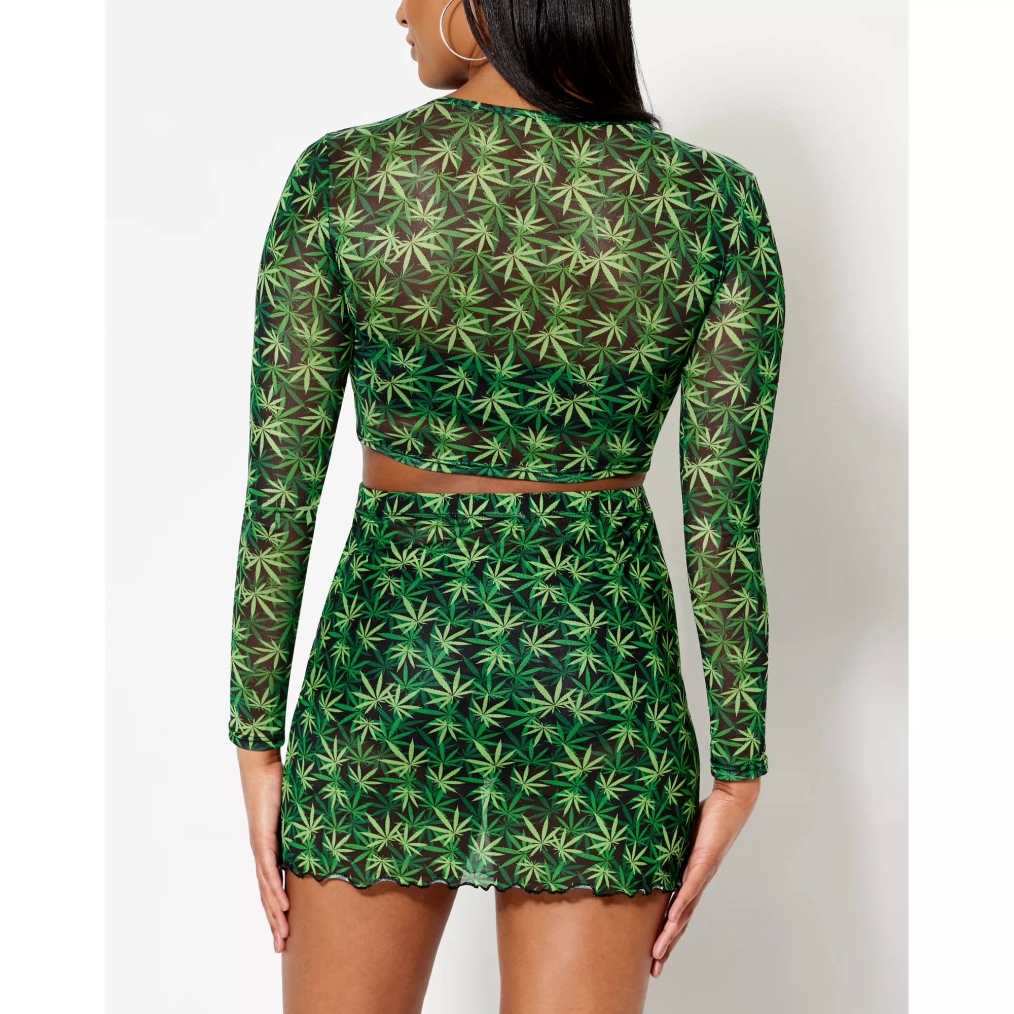 Long Sleeve Weed Leaf Mesh Crop Top at Spencer's