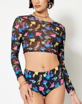 Long Sleeve Trippy Mushroom Mesh Crop Top