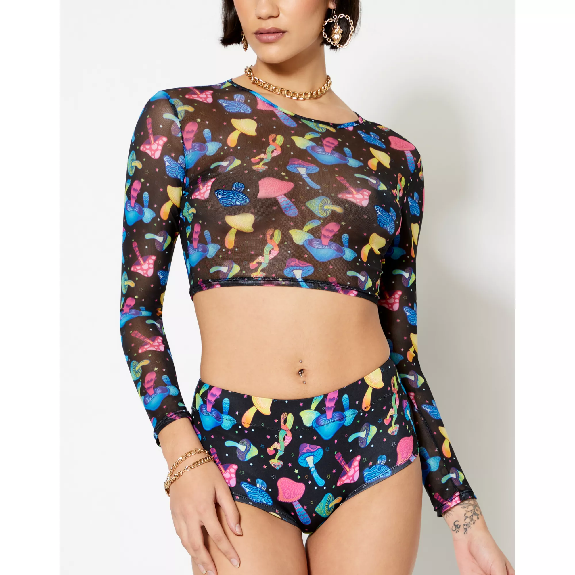 Long Sleeve Trippy Mushroom Mesh Crop Top at Spencer's