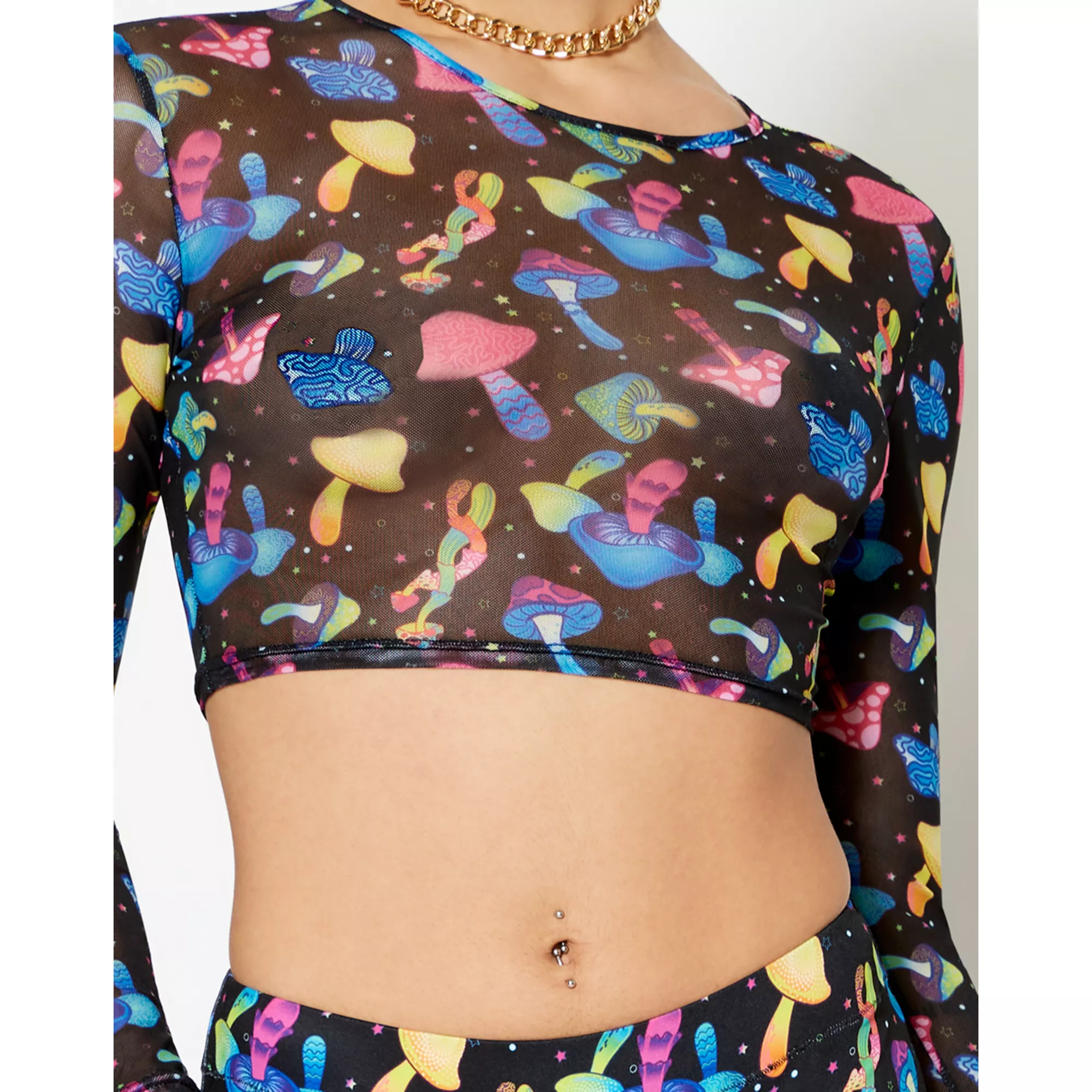 Long Sleeve Trippy Mushroom Mesh Crop Top at Spencer's