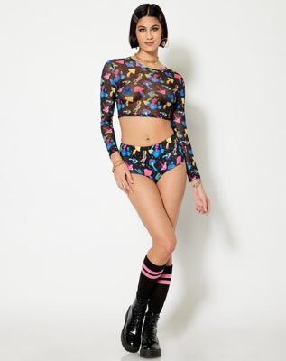 Long Sleeve Trippy Mushroom Mesh Crop Top