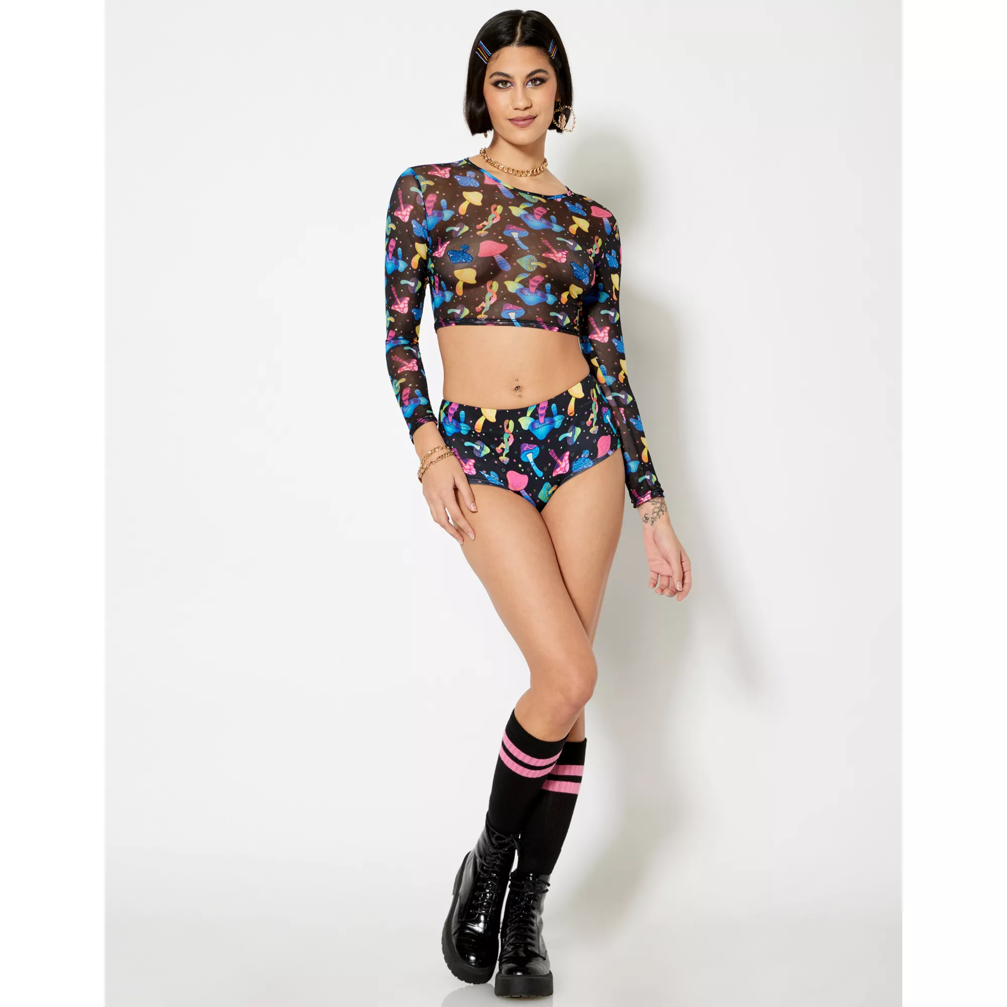 Long Sleeve Trippy Mushroom Mesh Crop Top at Spencer's