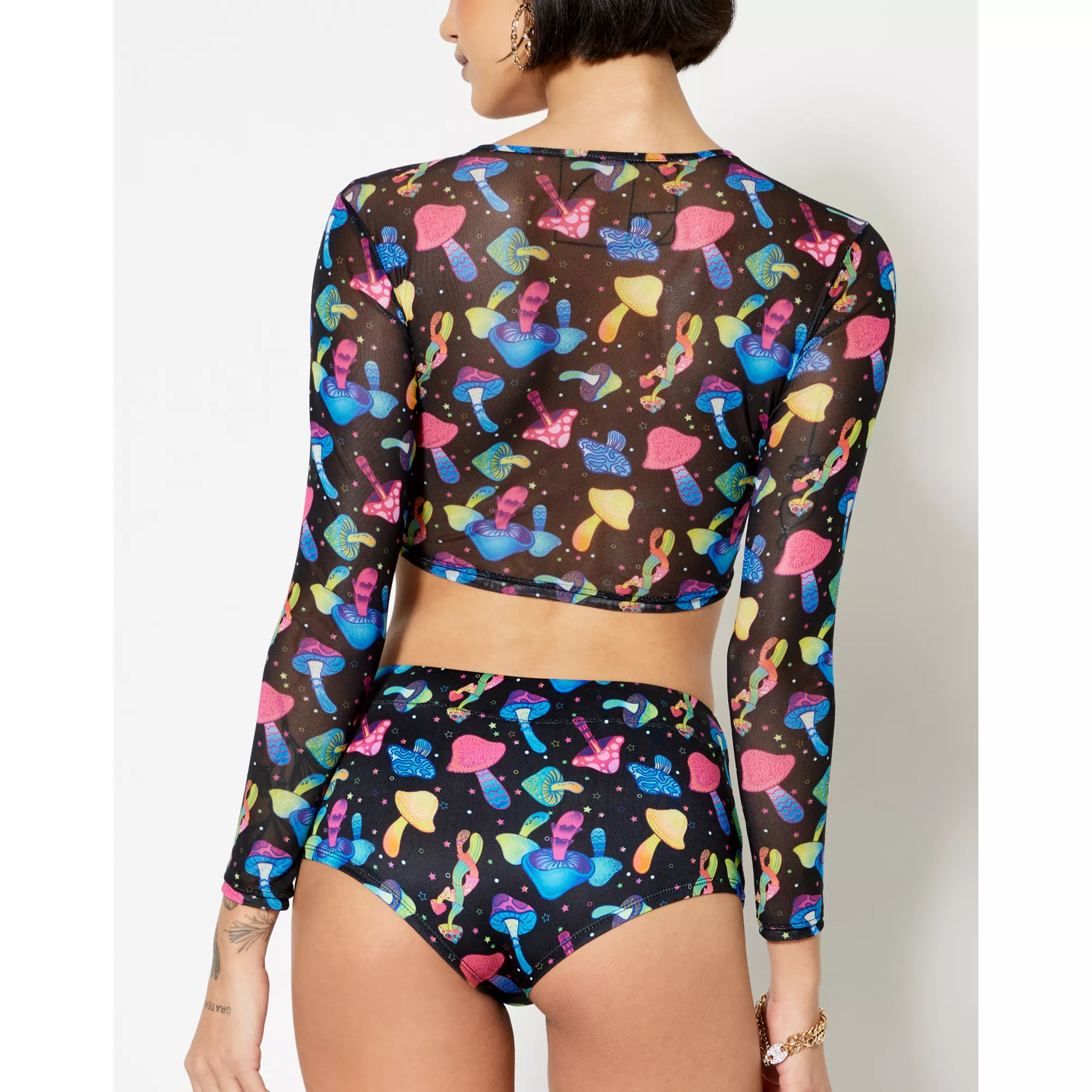 Long Sleeve Trippy Mushroom Mesh Crop Top at Spencer's