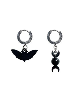 Moth and Moon Mismatched Huggie Hoop Dangle Earrings