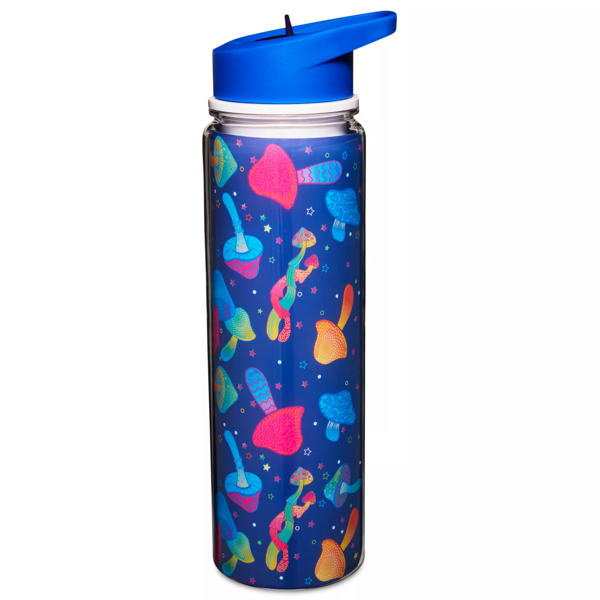 Blue Trippy Mushroom Water Bottle with Straw - 18 oz. at Spencer's