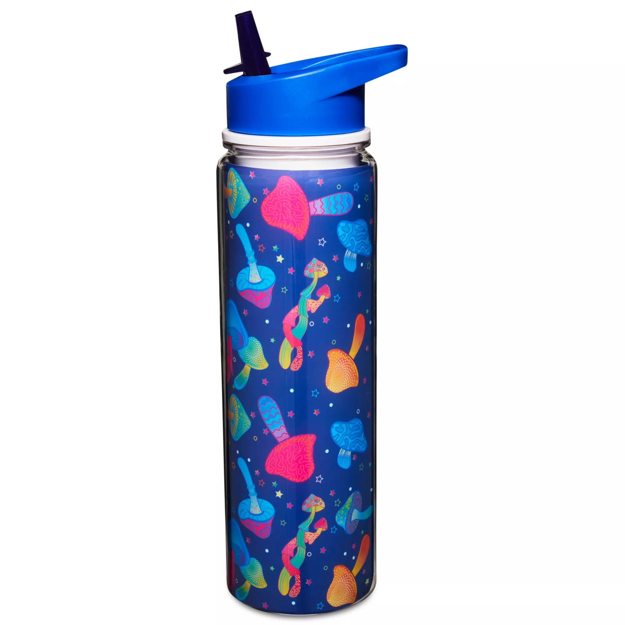 Blue Trippy Mushroom Water Bottle with Straw - 18 oz. at Spencer's