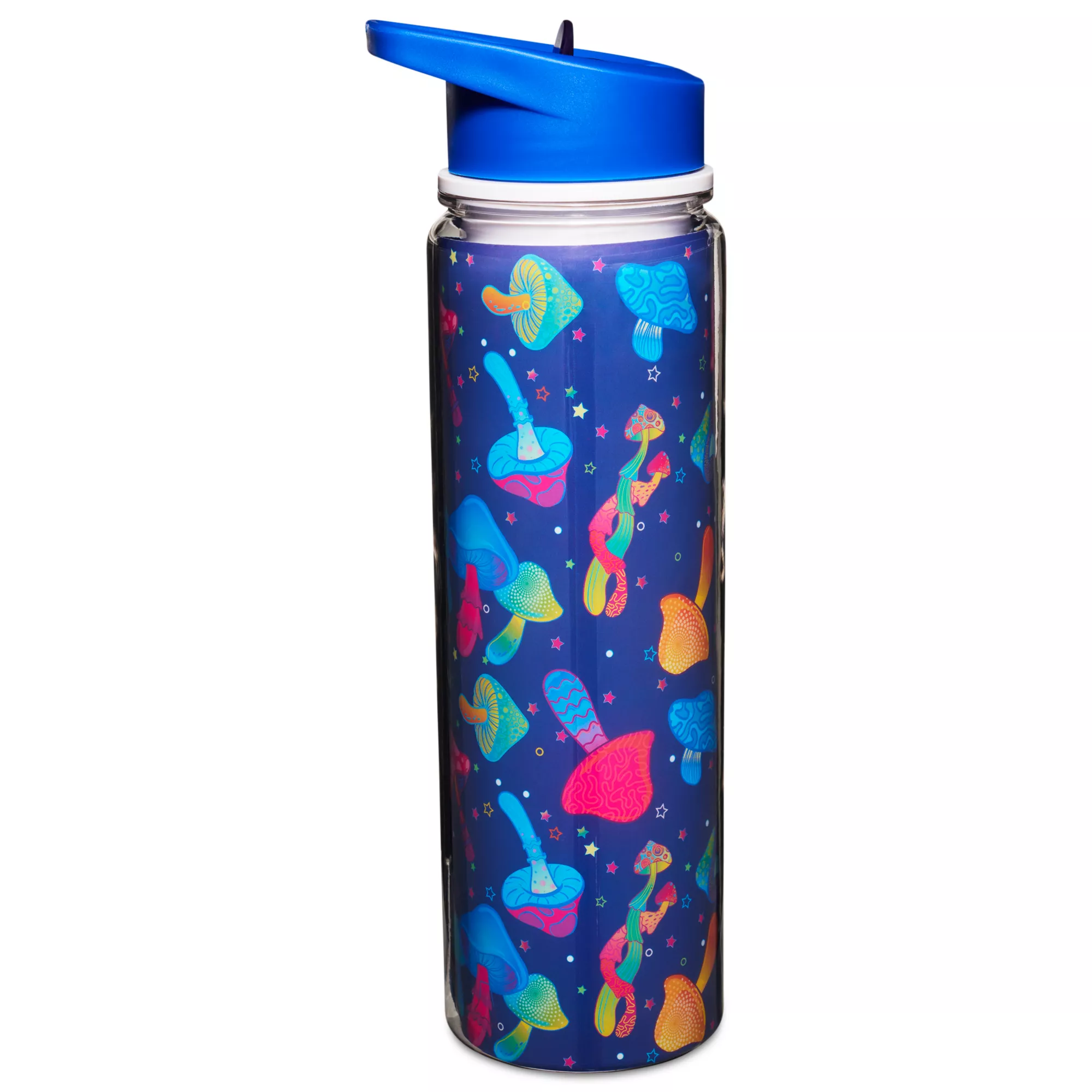 Blue Trippy Mushroom Water Bottle with Straw - 18 oz. at Spencer's