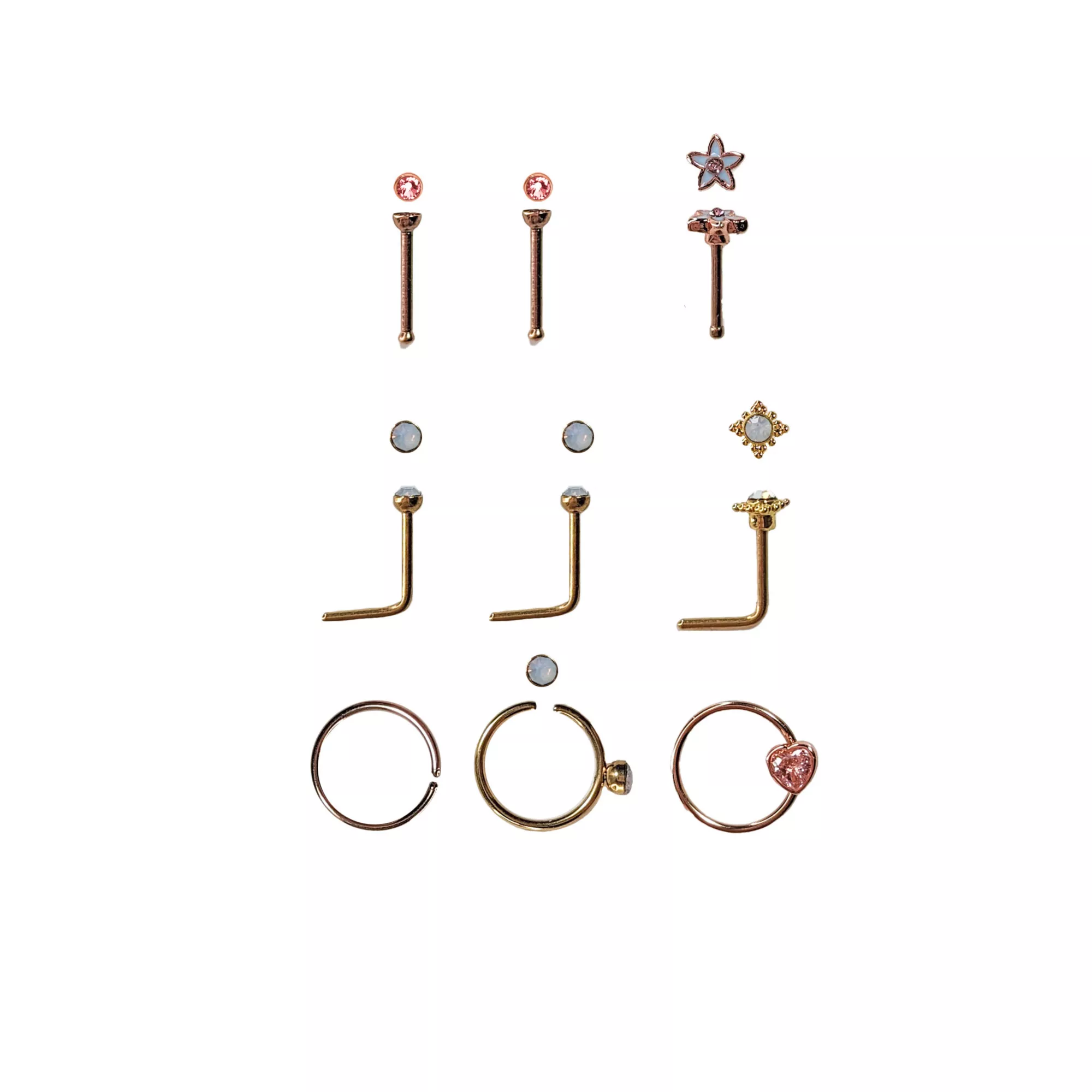 CZ Multi-Pack Flower Heart L-Bend Hoop and Bone Nose Rings 9 Pack - 20 Gauge at Spencer's