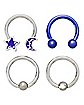 Multi-Pack CZ Blue Moon and Star Titanium Horseshoe and Captive Rings 2 Pair - 16 Gauge