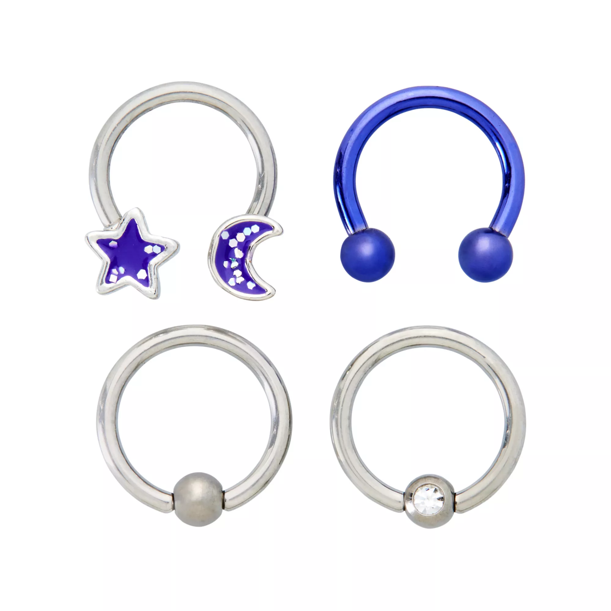 Multi-Pack CZ Blue Moon and Star Titanium Horseshoe and Captive Rings 2 Pair - 16 Gauge at Spencer's