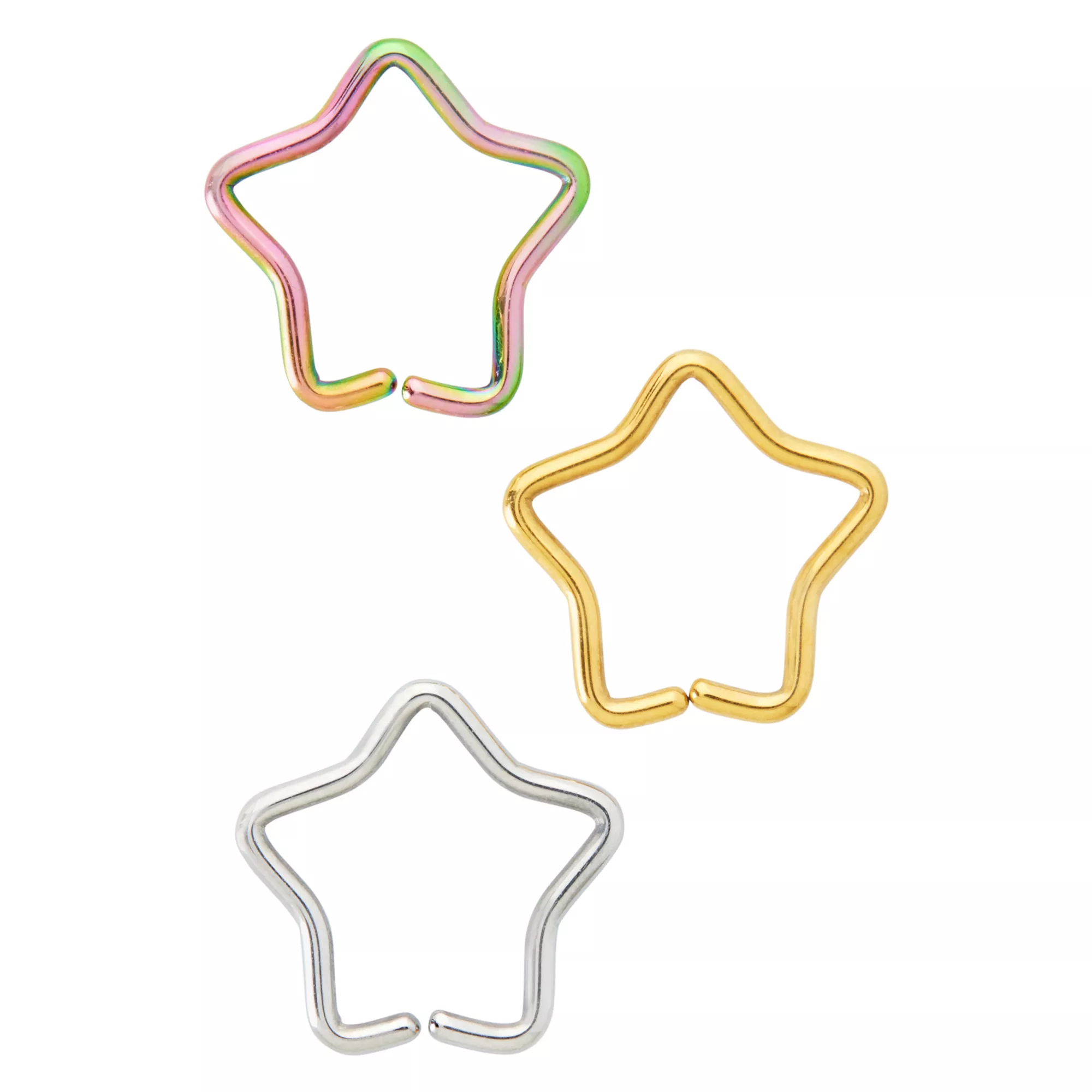 Multi-Pack Goldtone and Silvertone Star Hoop Nose Rings 3 Pack - 18 Gauge