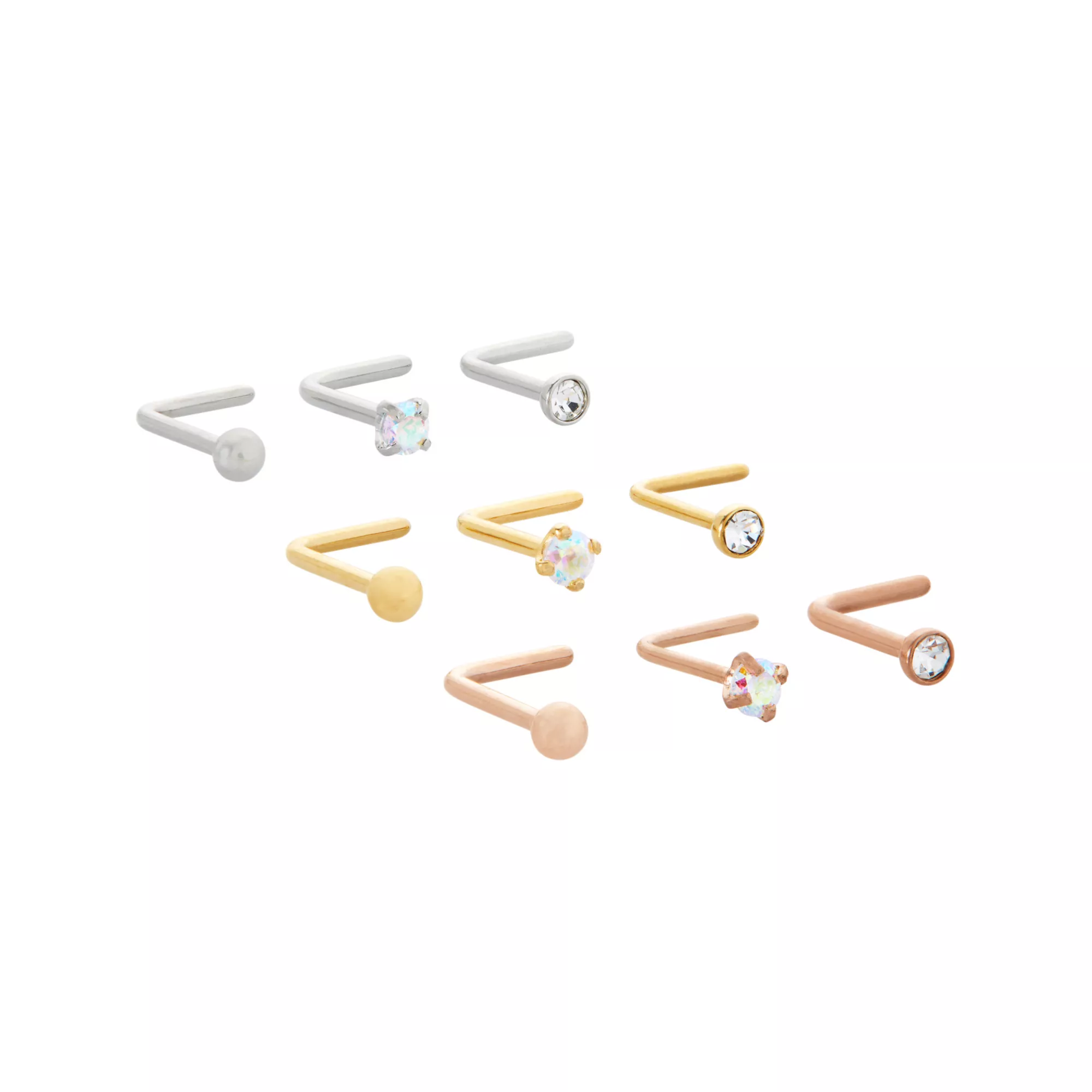 Multi-Pack CZ Goldtone and Rose Goldtone L-Bend Nose Rings 9 Pack - 20 Gauge at Spencer's