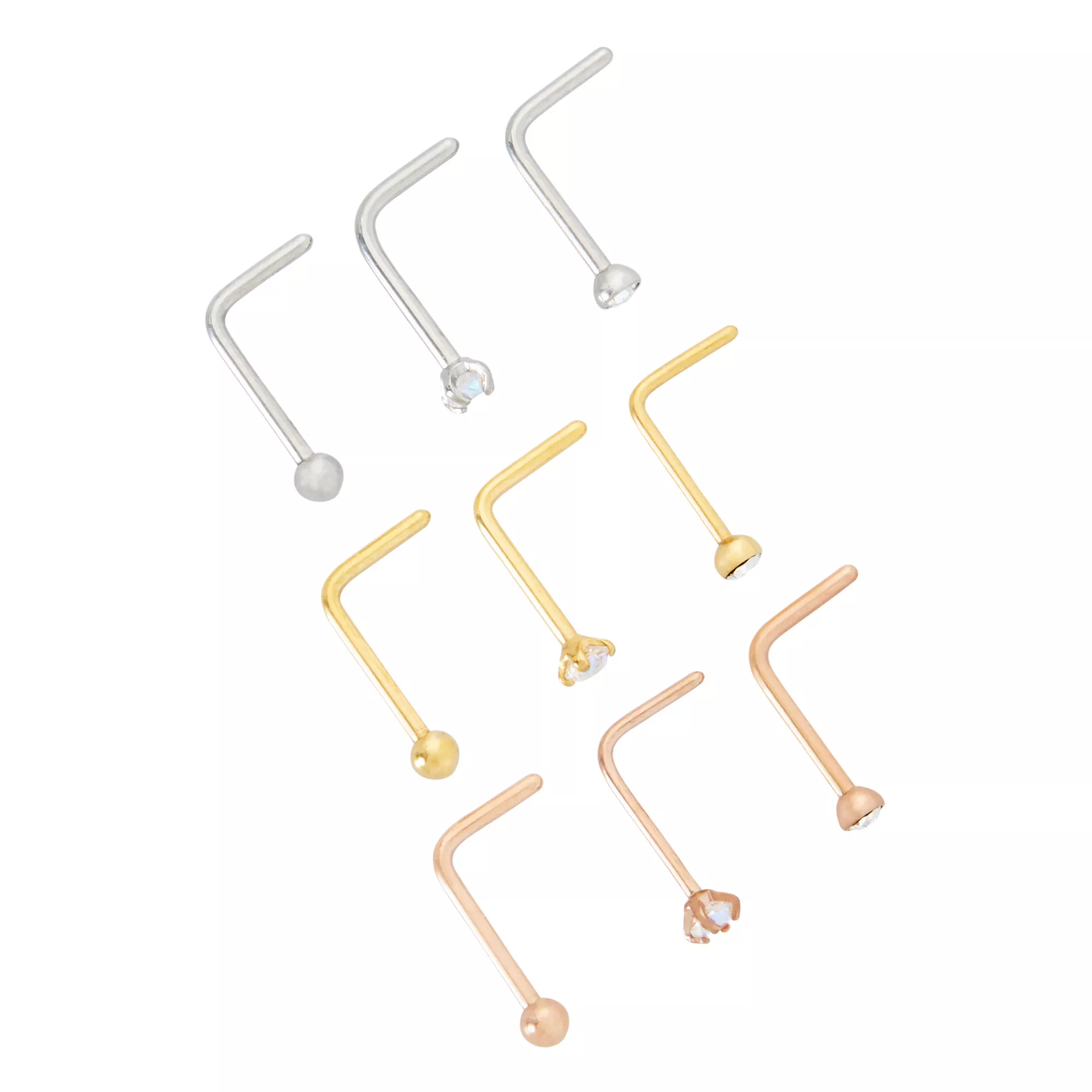 Multi-Pack CZ Goldtone and Rose Goldtone L-Bend Nose Rings 9 Pack - 20 Gauge at Spencer's