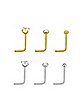 CZ Goldtone and Silvertone L-Bend Nose Rings 6 Pack - 20 Gauge