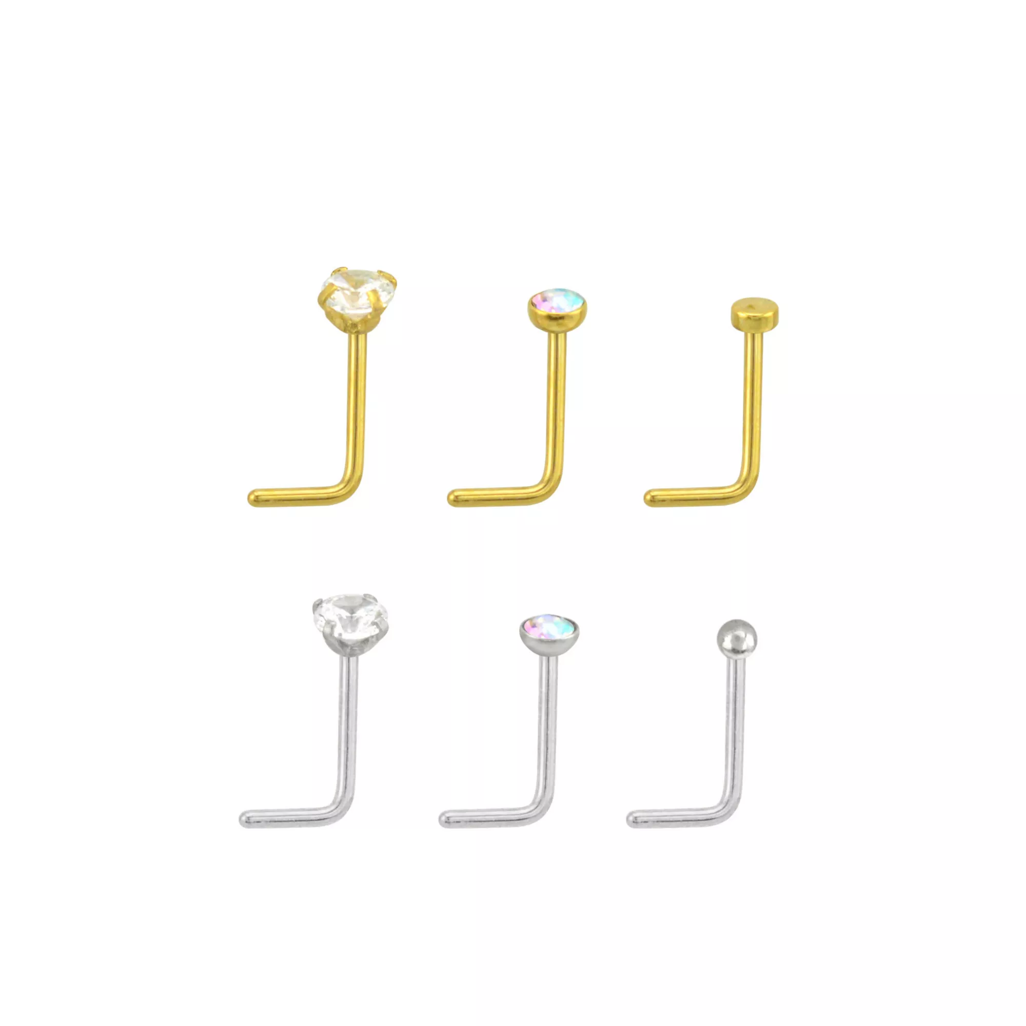 CZ Goldtone and Silvertone L-Bend Nose Rings 6 Pack - 20 Gauge at Spencer's