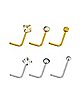 CZ Goldtone and Silvertone L-Bend Nose Rings 6 Pack - 20 Gauge