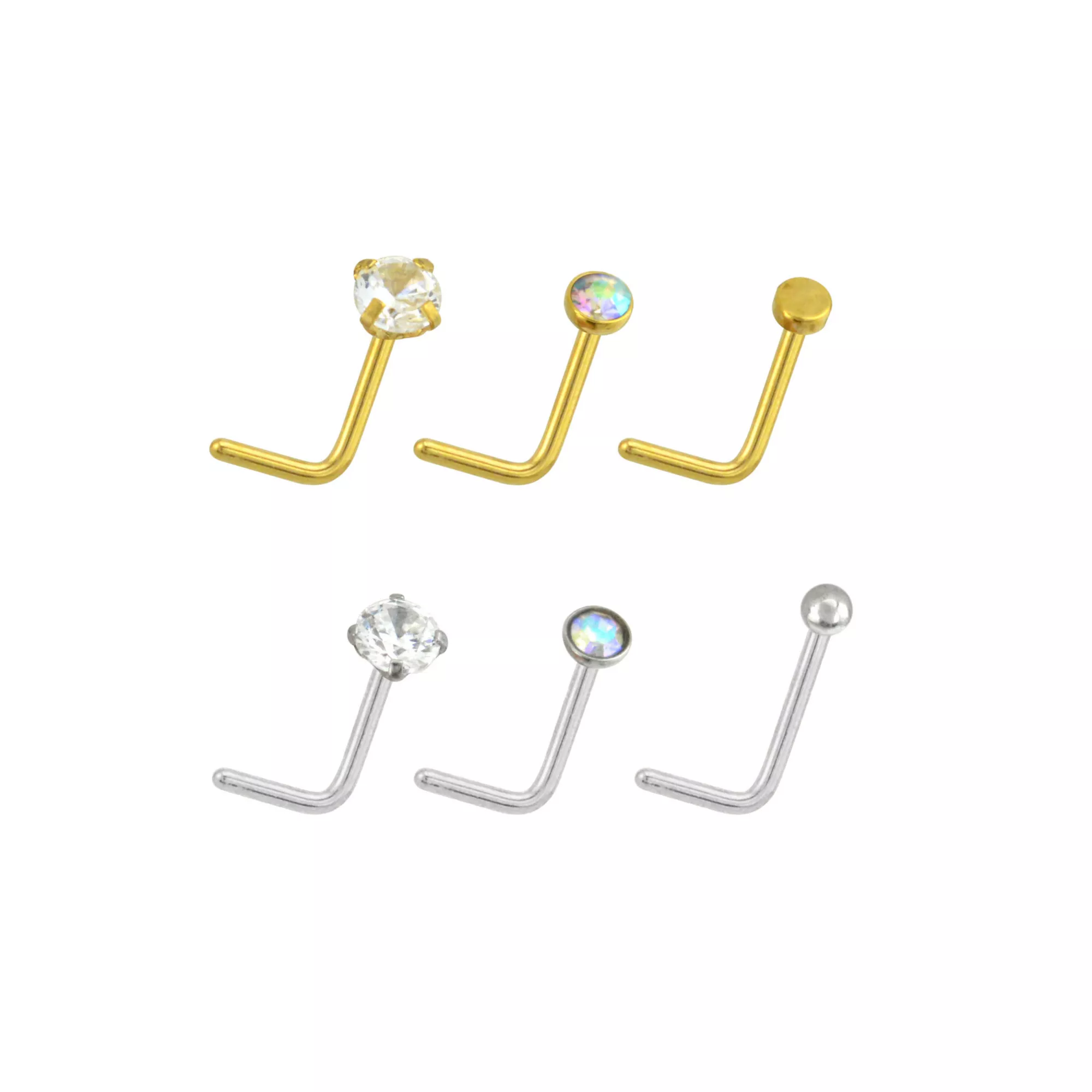 CZ Goldtone and Silvertone L-Bend Nose Rings 6 Pack - 20 Gauge at Spencer's