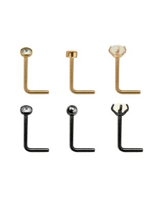 Multi-Pack CZ and Opal-Effect Black and Rose Goldtone L-Bend Nose Rings 6 Pack - 20 Gauge