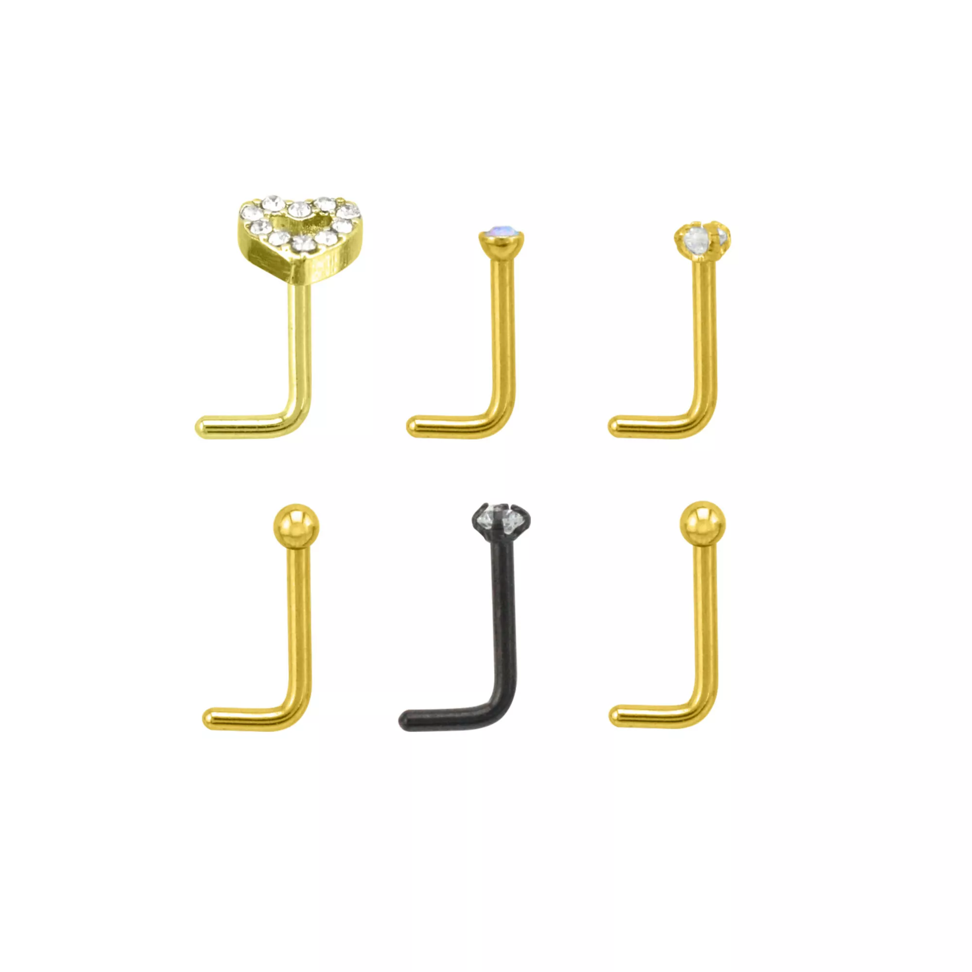 Multi-Pack Goldtone and Black Heart L-Bend Nose Rings 6 Pack - 20 Gauge at Spencer's